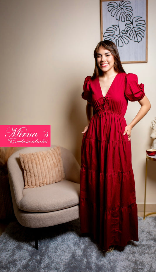 Vestido largo de corte fluido con mangas abullonadas
