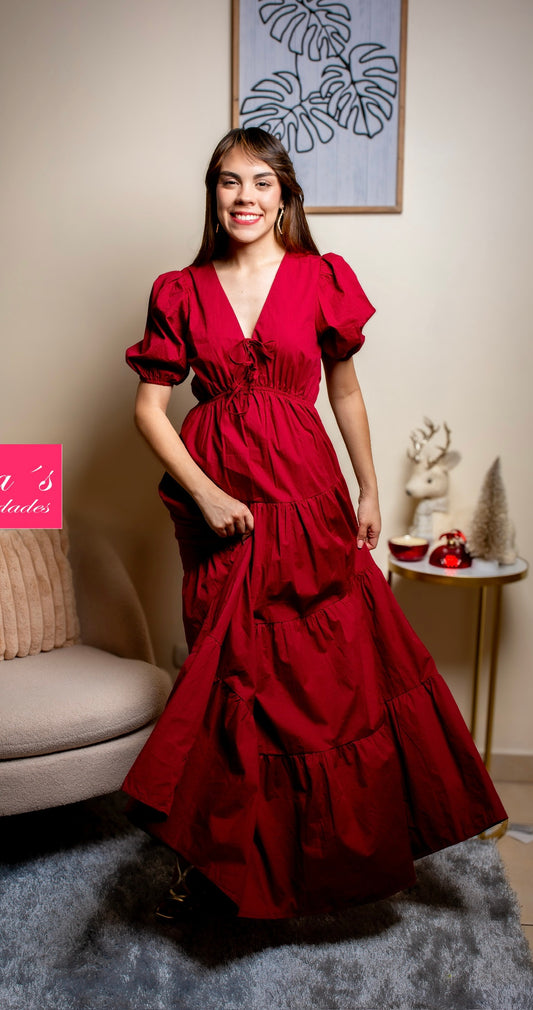 Vestido largo de corte fluido con mangas abullonadas
