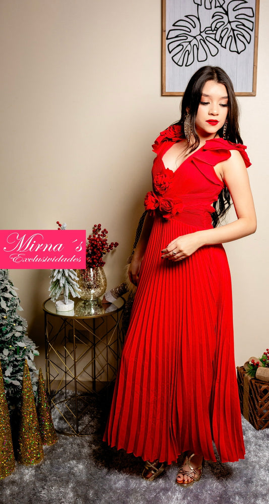 Vestido Rojo Plisado Con Flores
