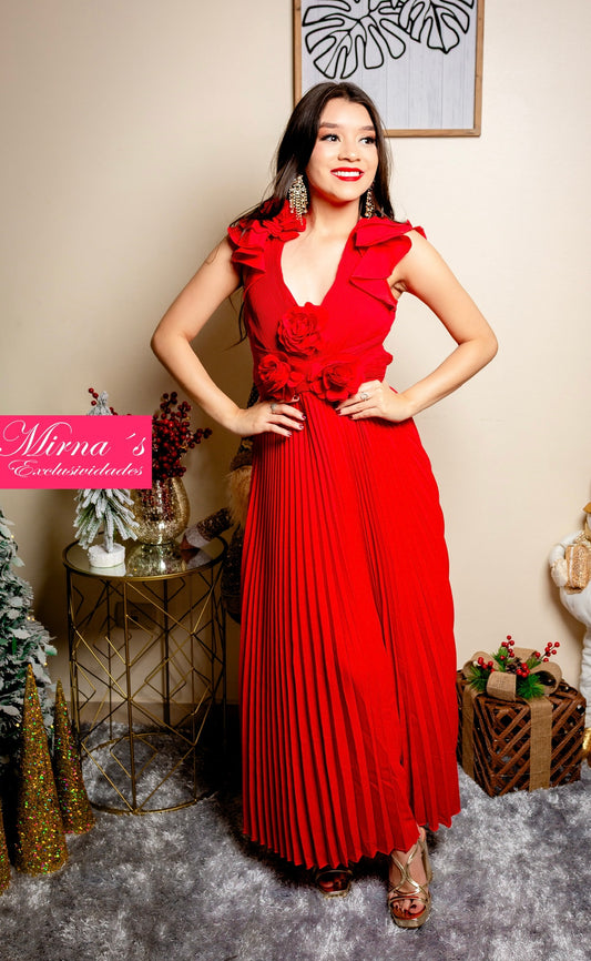 Vestido Rojo Plisado Con Flores