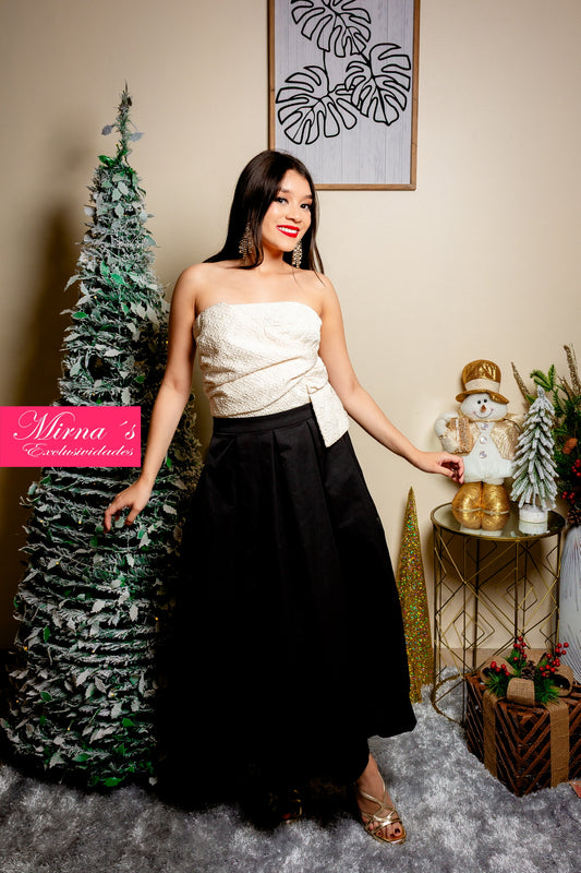 VESTIDO SIN MANGAS BLANCO CON FALDA  PLIZADA NEGRA