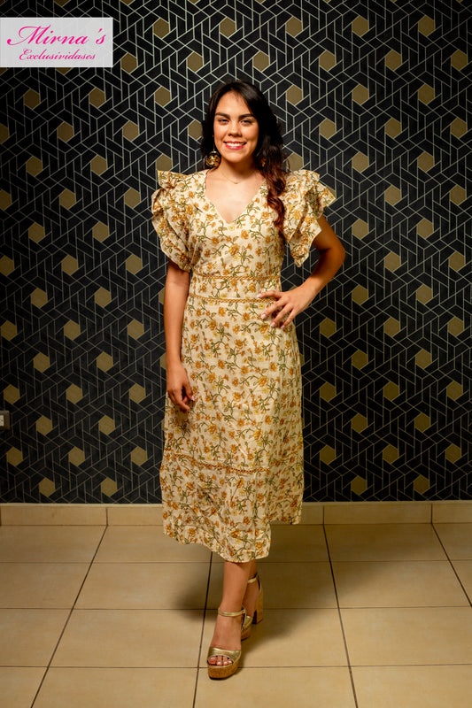 VESTIDO CREMA DE FLORES CAFÉ
