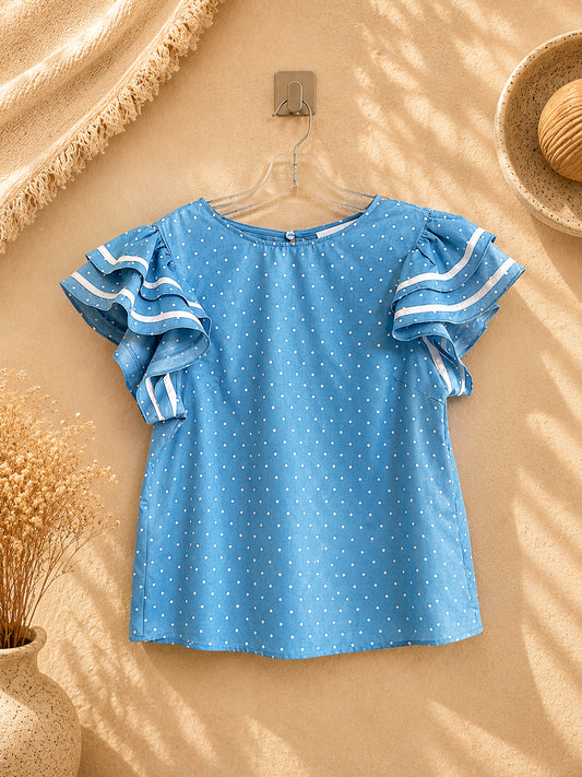 CAMISA AZUL CON PUNTOS MANGAS DE REVUELO