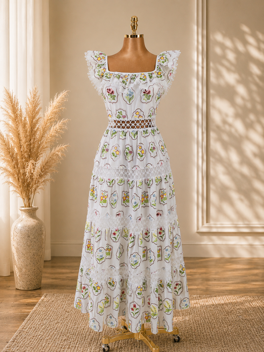 VESTIDO BLANCO CON FLORES CON BRADDO DESCUBIERTO EN CINTURA