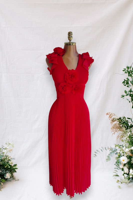 VESTIDO ROJO  PLIZADOESPALDA DESCUBIERTA DE AMARRE DE CORNODES