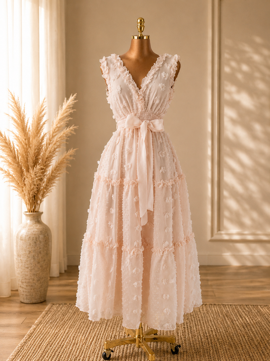 VESTIDO CREMA CON CINTA EN LA CINTURA DEL MISMO COLOR