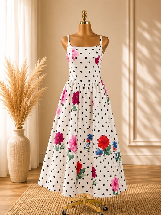 VESTIDO BLANCO DE PONTOS NEGRO CON FLORES