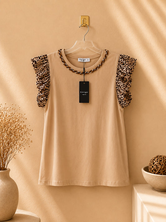 CAMISA CAFÉ CON MANGAS ANIMAL PRINT