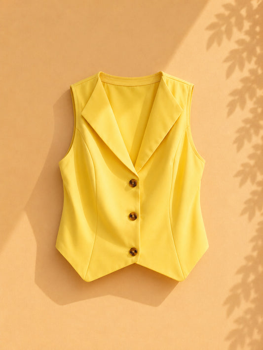 CAMISA SIN MANGAS AMARILLA TIPO CHALECO DE 3 BOTONES