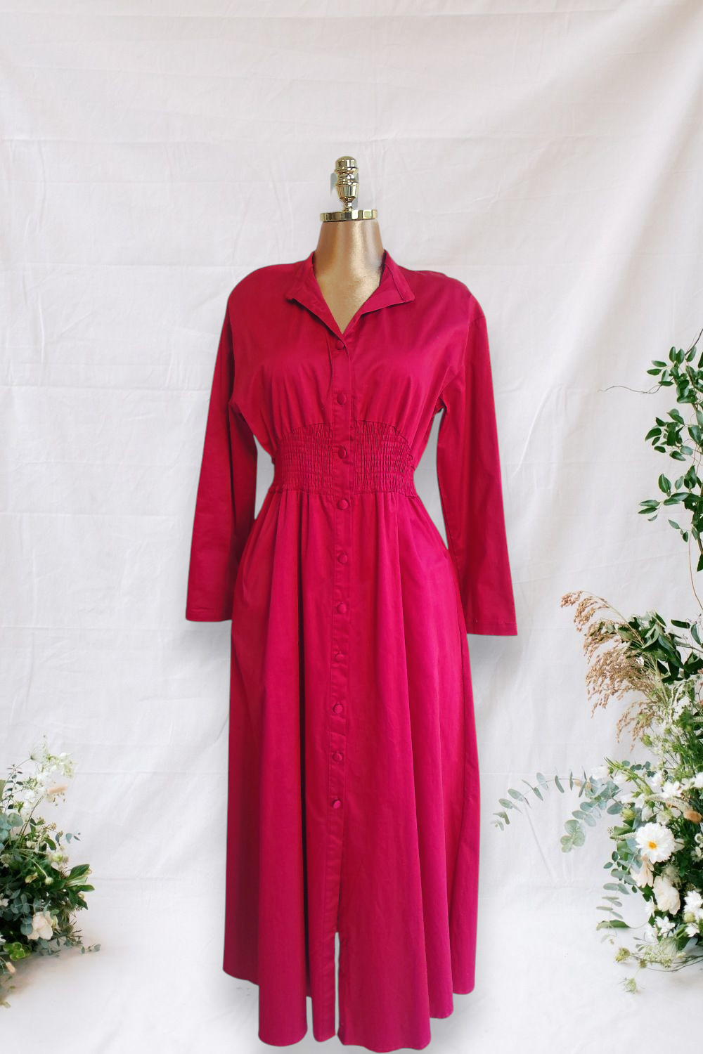 VESTIDO DE MANGA LARGA ROJO CON CINTURA DE ELASTICO 1565