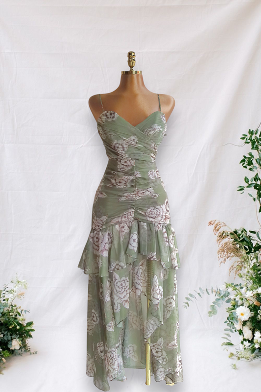 VESTIDO VERDE FLOREADO DE TIRANTES