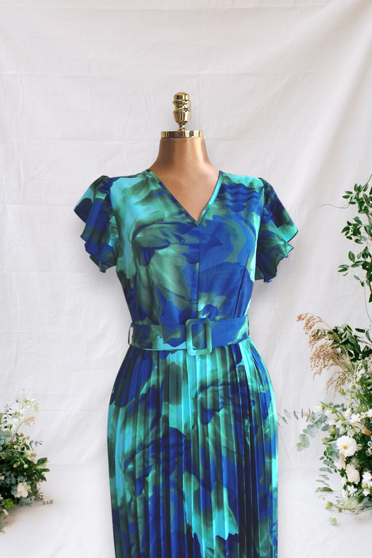 VESTIDO VERDE CON AZUL FALDA PLIZADA