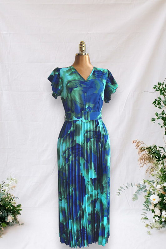 VESTIDO VERDE CON AZUL FALDA PLIZADA