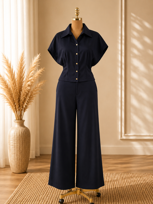 TRAJE NEGRO LISO DE BOTONES MANGA CORTA