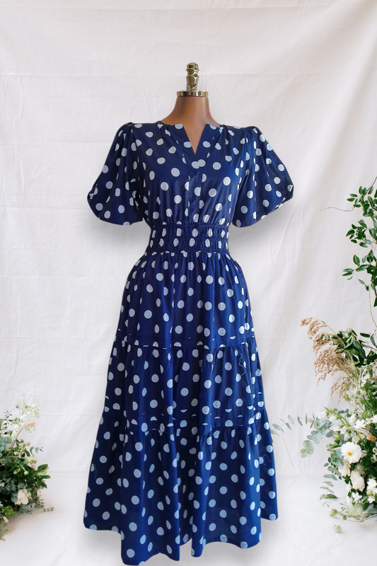 VESTIDO LARGO AZUL DE PUNTOS BLANCOS CON ELASTICO EN LA CINTURA