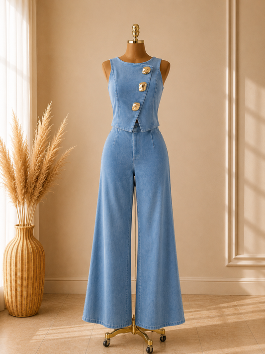 TRAJE JEANS DE BOTONES DORADOS AL LADO
