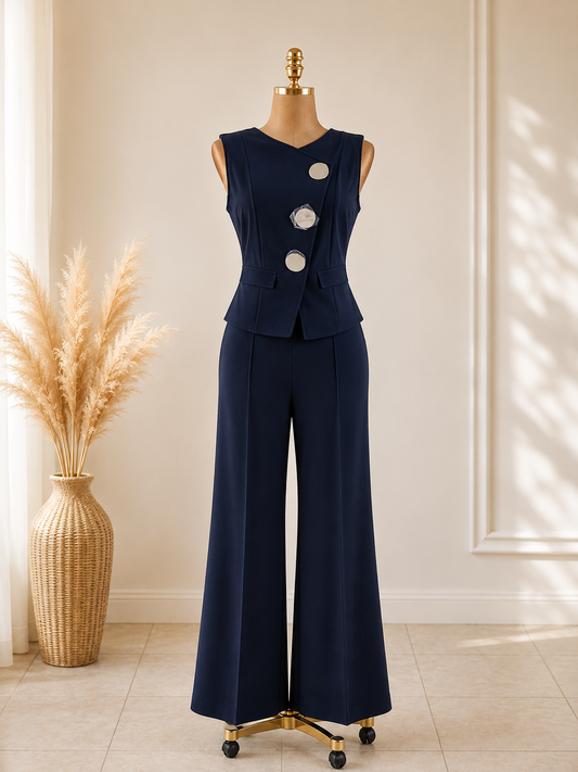 TRAJE NEGRO DE BOTONES DORADOS SIN MANGAS