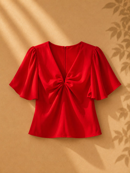 CAMISA ROJA METALIZADA CORTE EN V Y MANGAS BONBACHAS