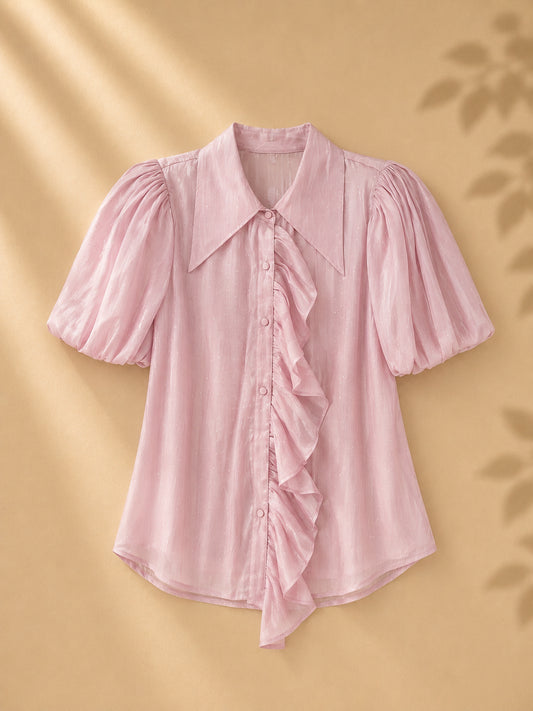 CAMISA MANGAS BOMBACHAS COLOR ROSA PASTEL MARCA PASTEL DE VUELO EN LOS BOTONES