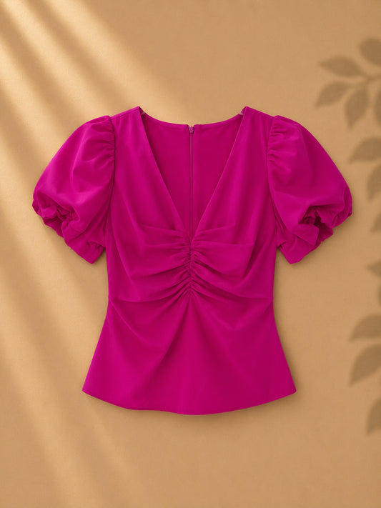 CAMISA FUCSIA CORTE EN V Y MANGAS BONBACHAS
