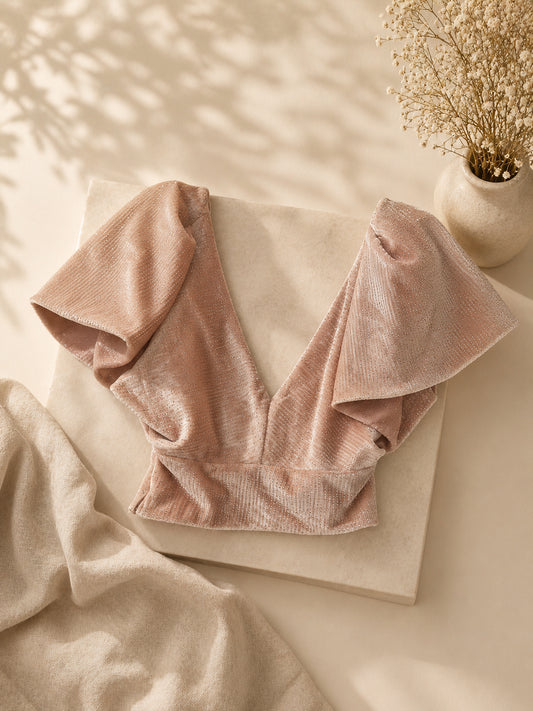 CAMISA CORTA BEIGE CON BRILLOS